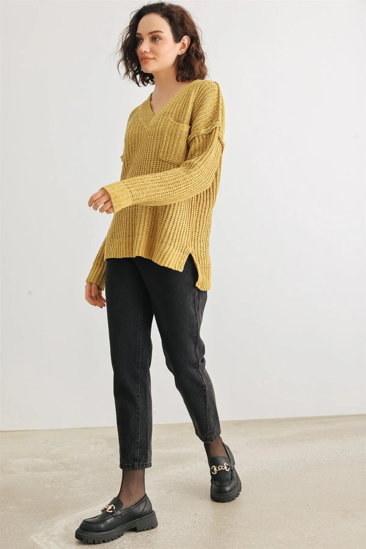 Gold One Pocket Long Sleeve V-Neck Sweater