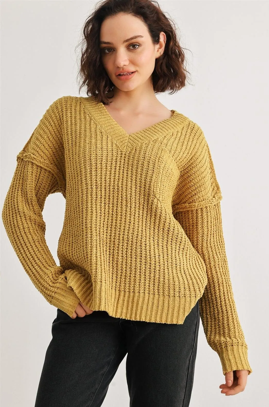 Gold One Pocket Long Sleeve V-Neck Sweater