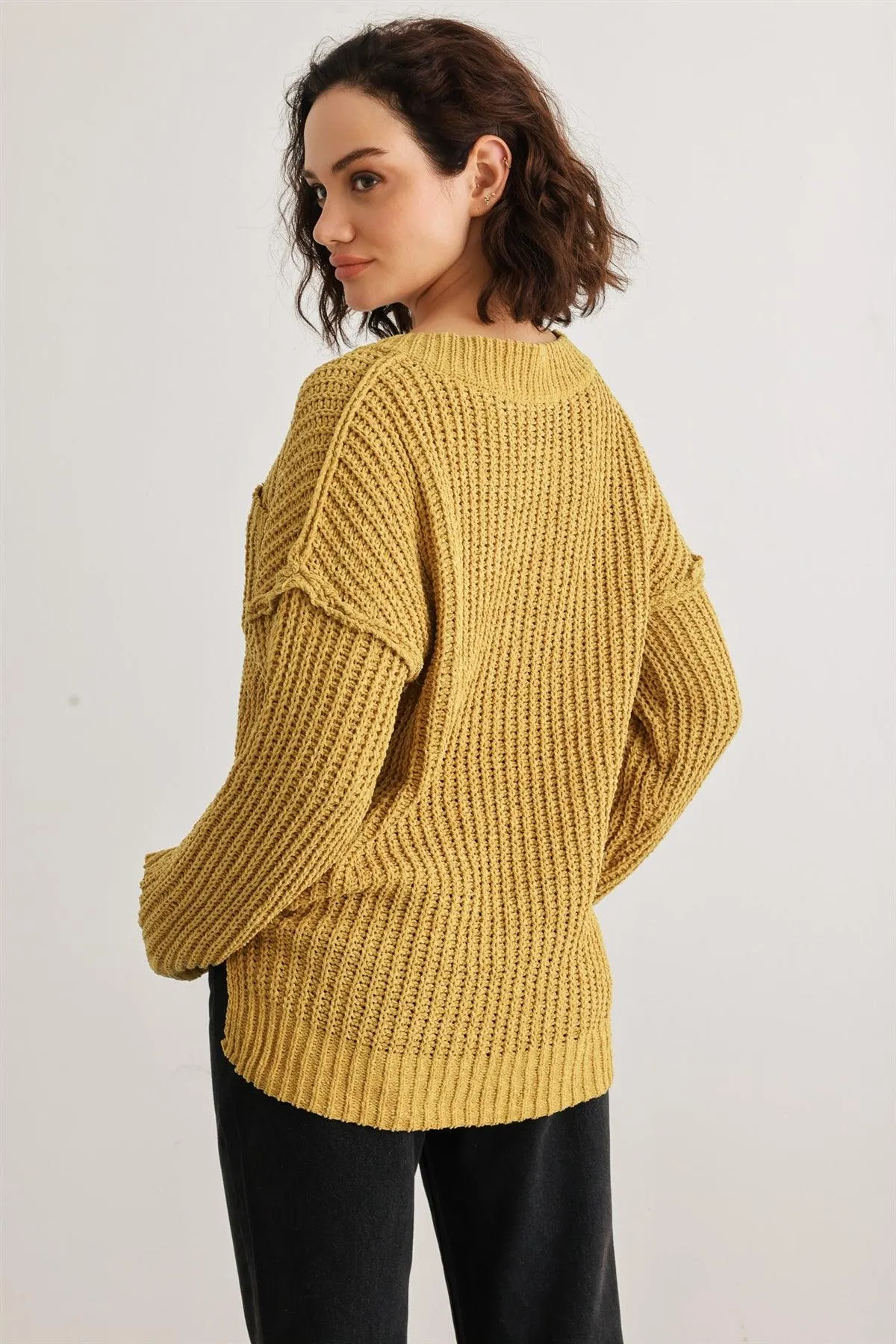 Gold One Pocket Long Sleeve V-Neck Sweater