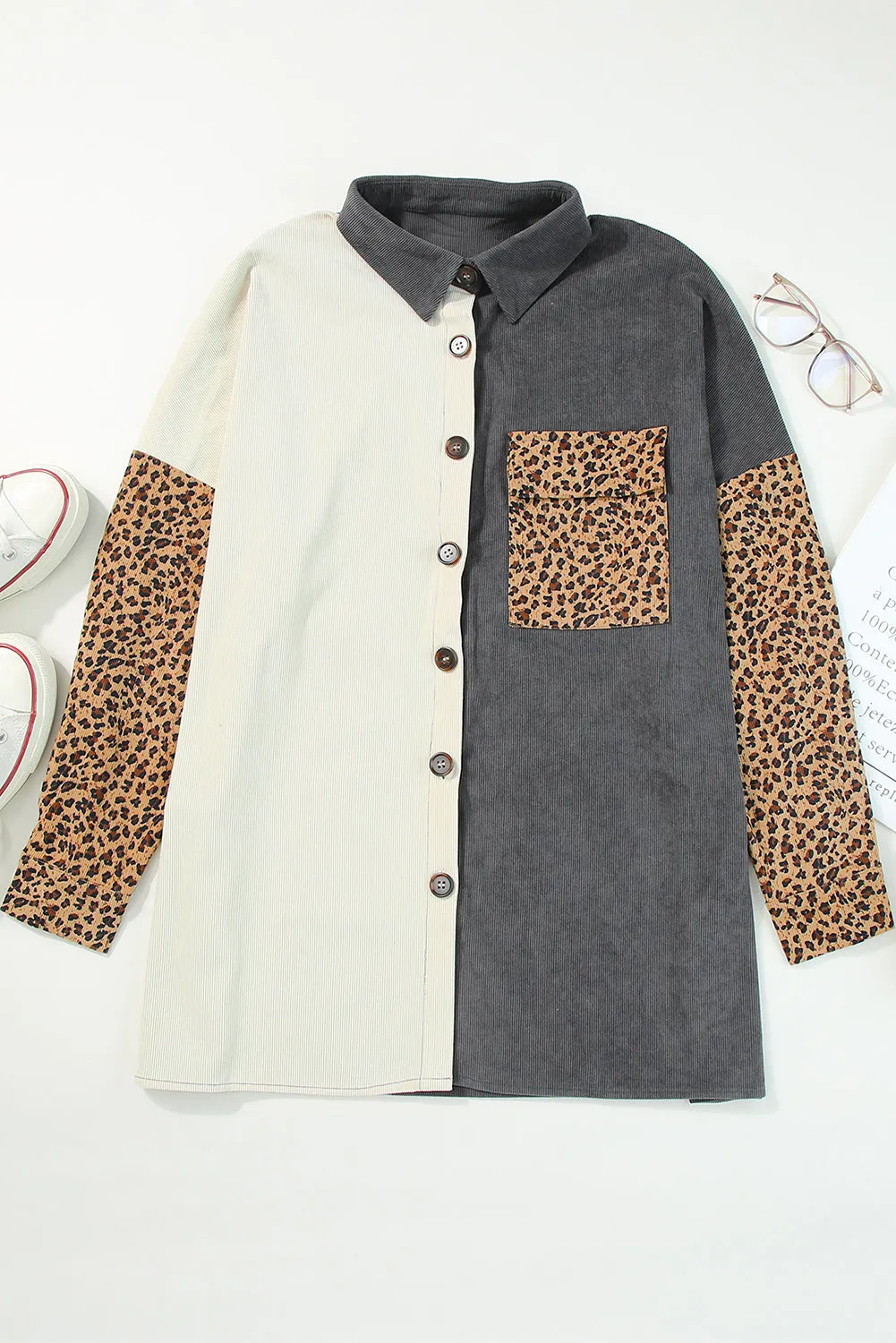 Gray Color Block Leopard Patched Corduroy Shacket