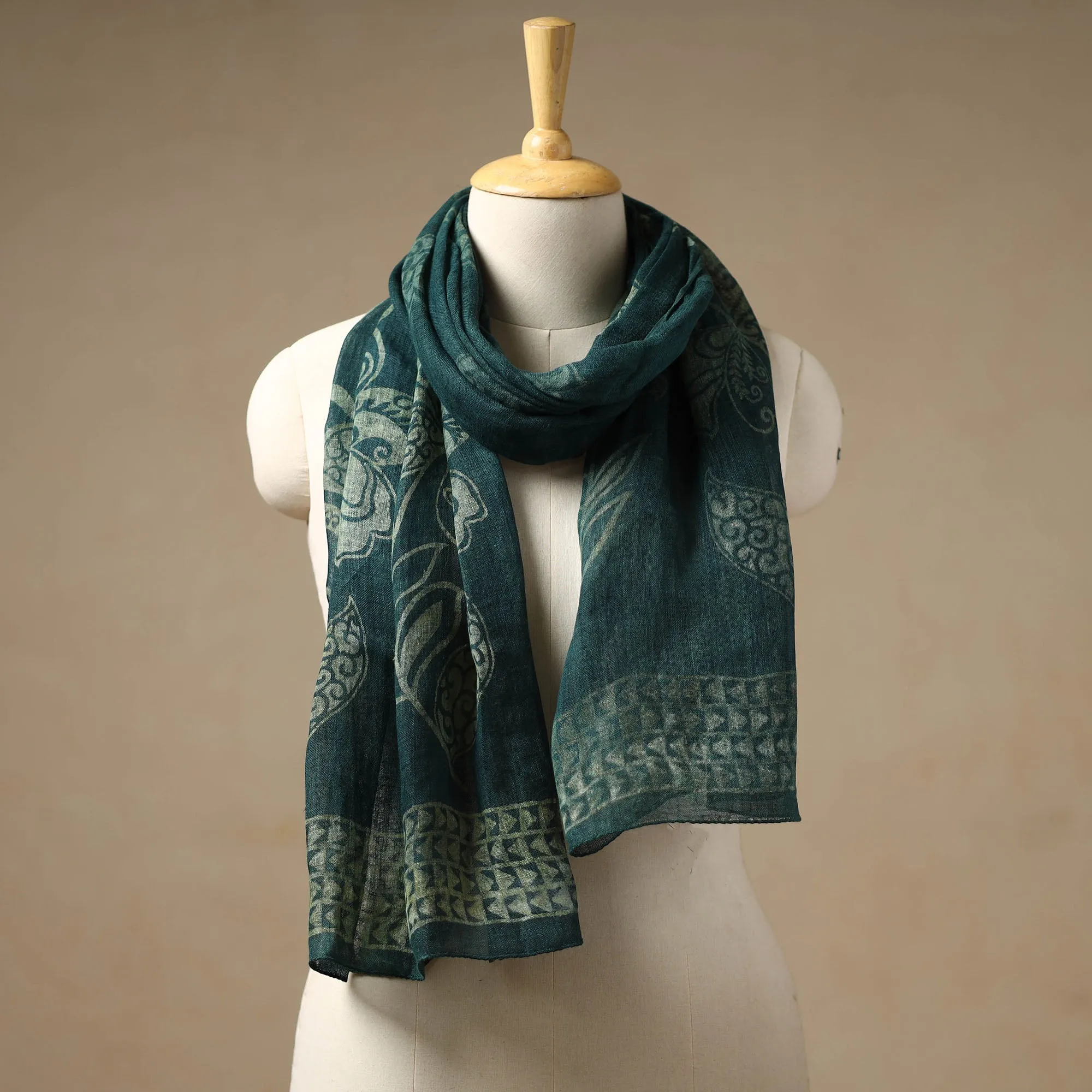 Green - Bindaas Block Printed Natural Dyed Linen Handloom Stole 02