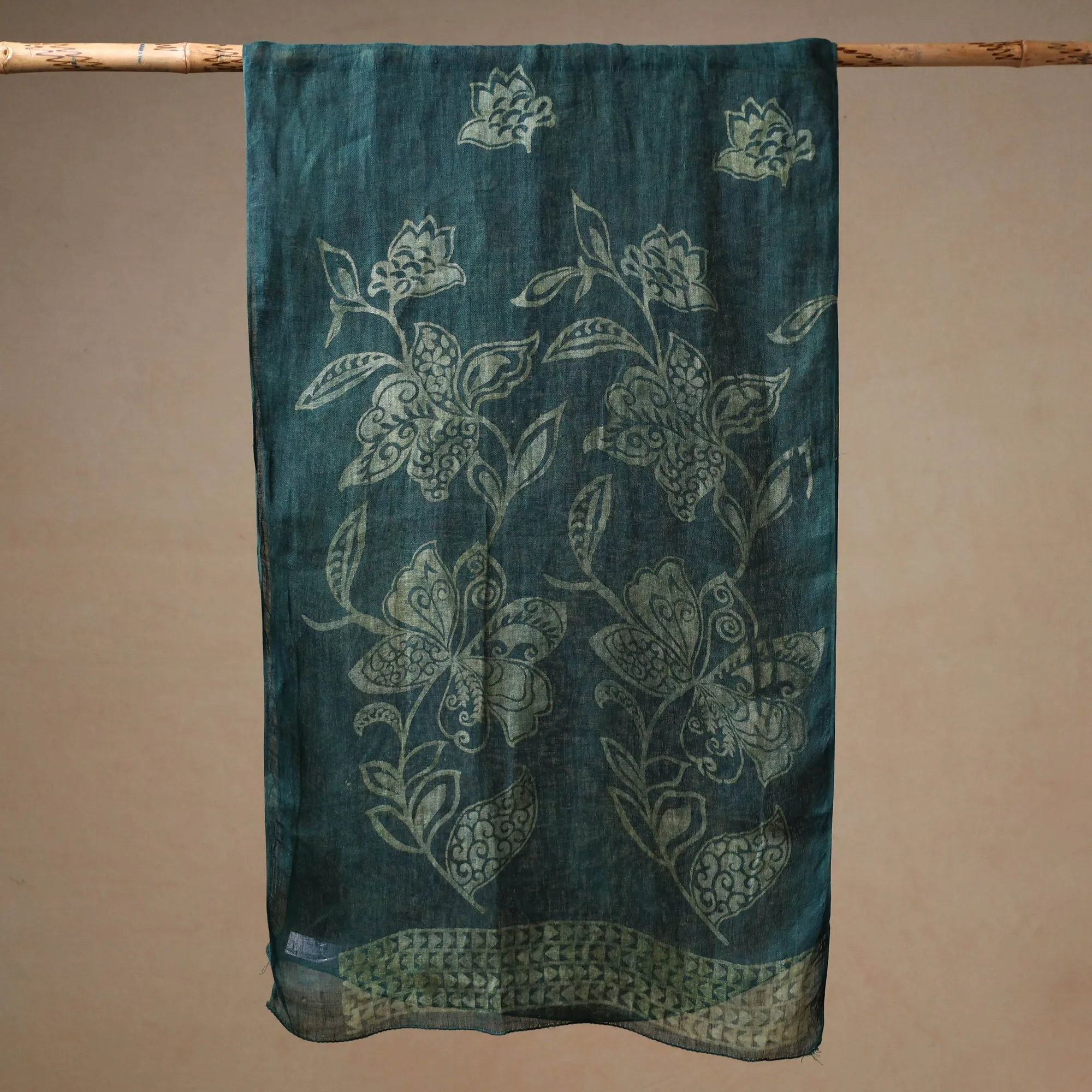 Green - Bindaas Block Printed Natural Dyed Linen Handloom Stole 02