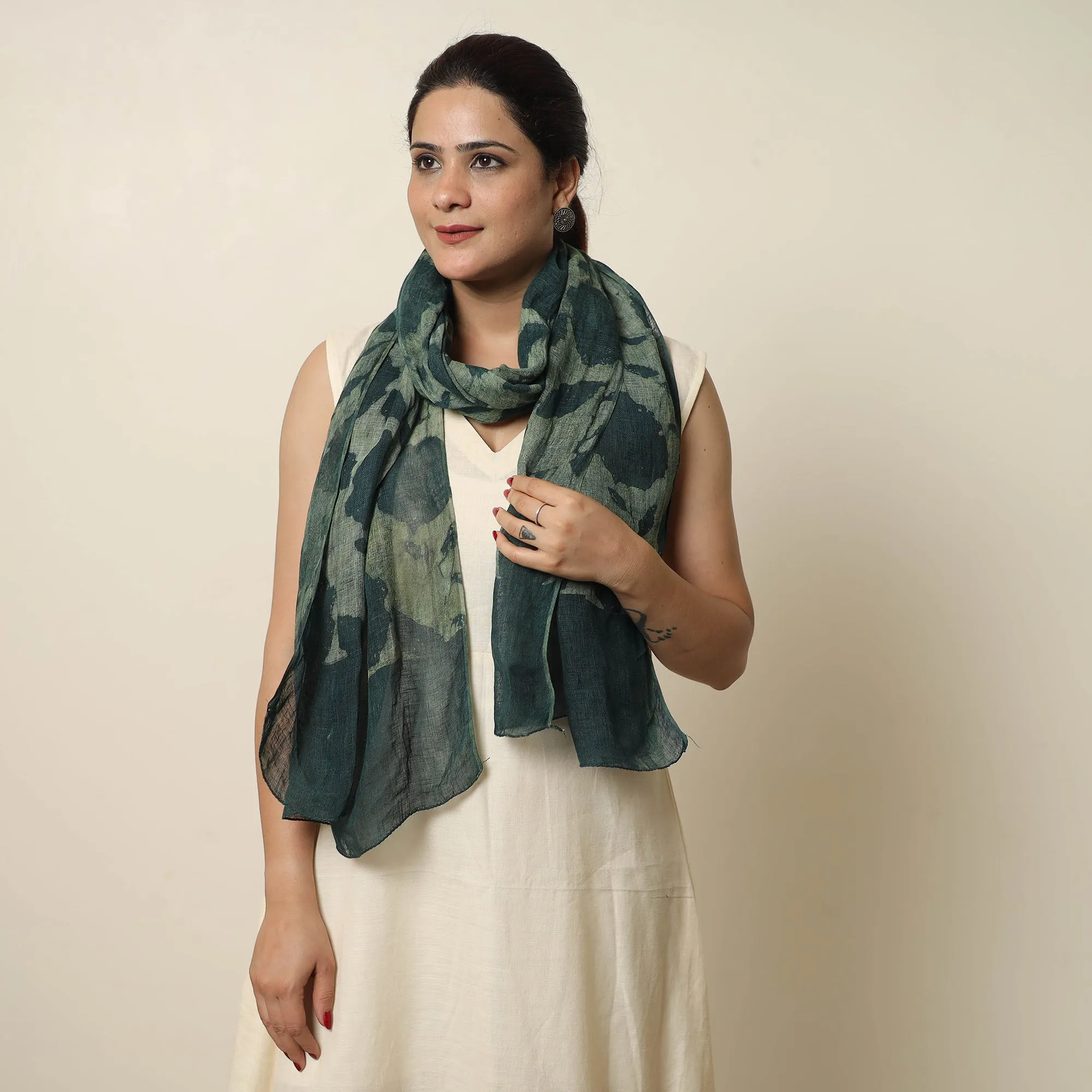 Green - Bindaas Block Printed Natural Dyed Linen Handloom Stole 10