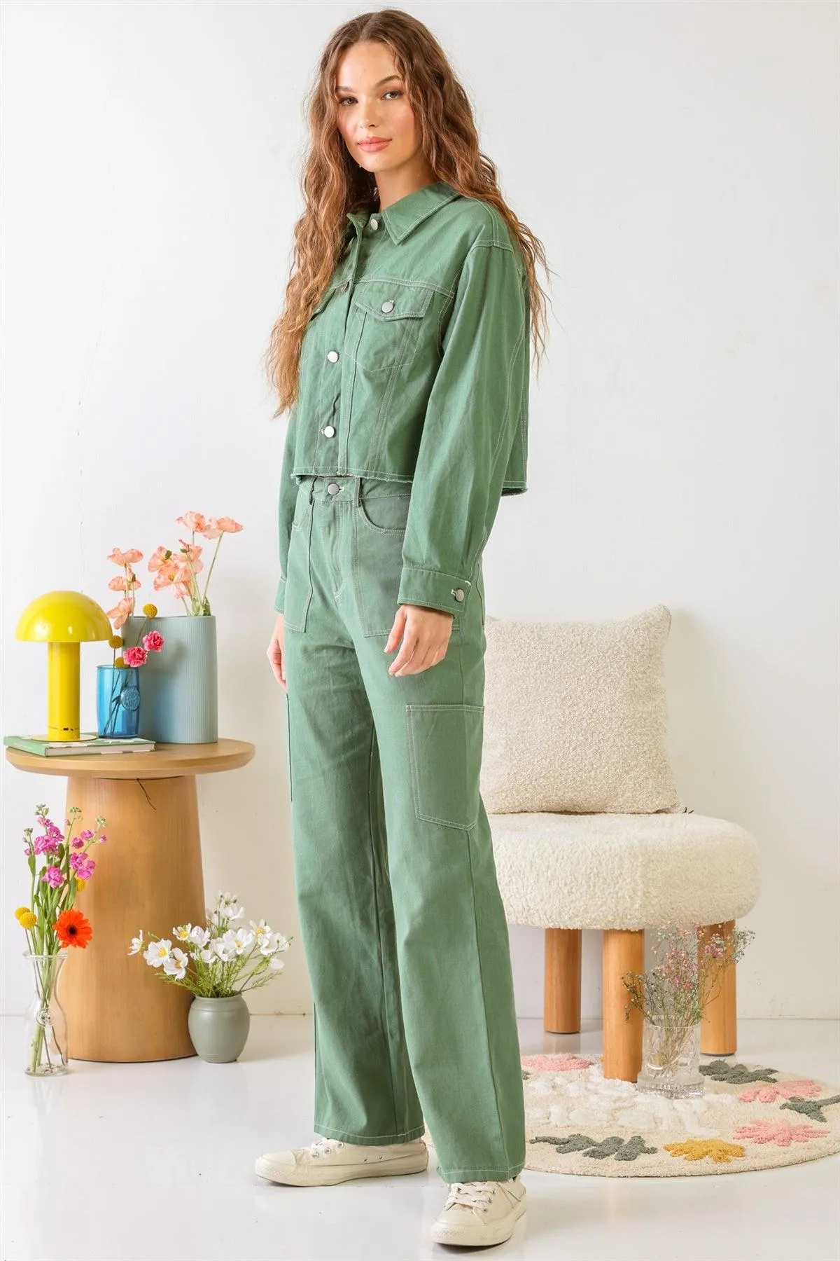 Green Cotton Denim Button-Up Collared Neck Two Pocket Jacket & High Waist Six Pocket Wide Leg Pants Set /1-2-2-1