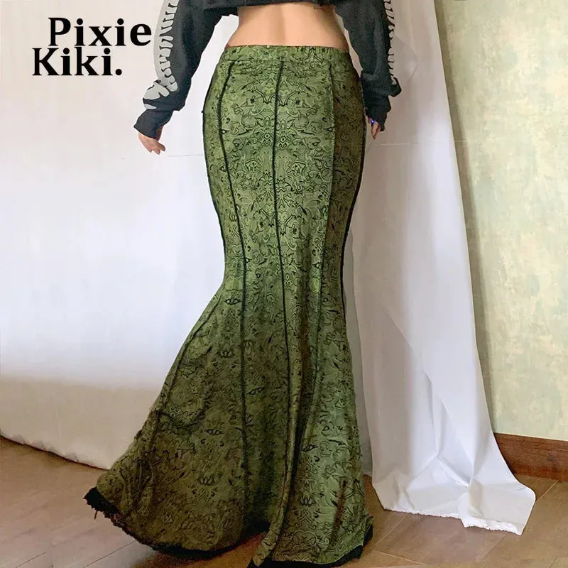 Green Fairy Grunge Long Skirts for Women Bottoms Y2k Clothes Vintage Printed Lace Trim Mermaid Maxi Skirt P84-DB28