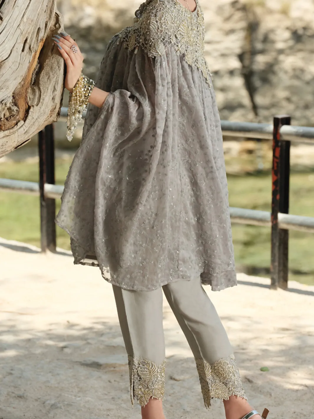 Grey Chiffon 2 Piece Formal Suit - LS-256