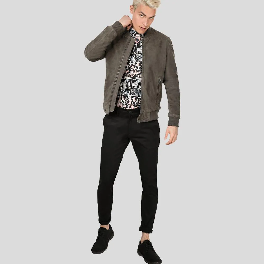 Grey Suede Bomber Jacket