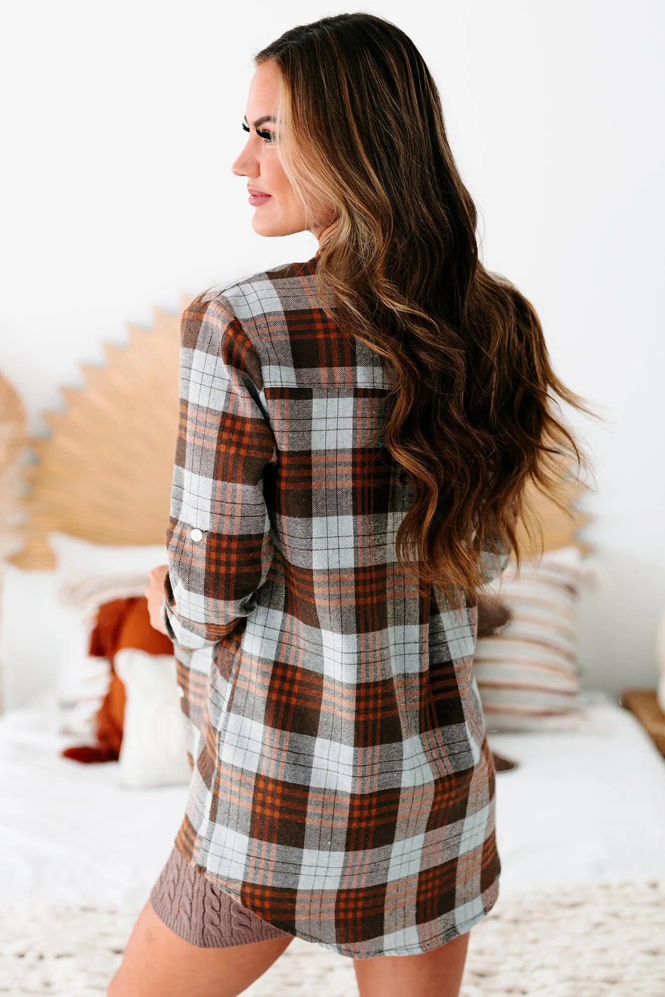 Griffin Plaid Flannel Long Sleeve Shirt Dress (Brown)