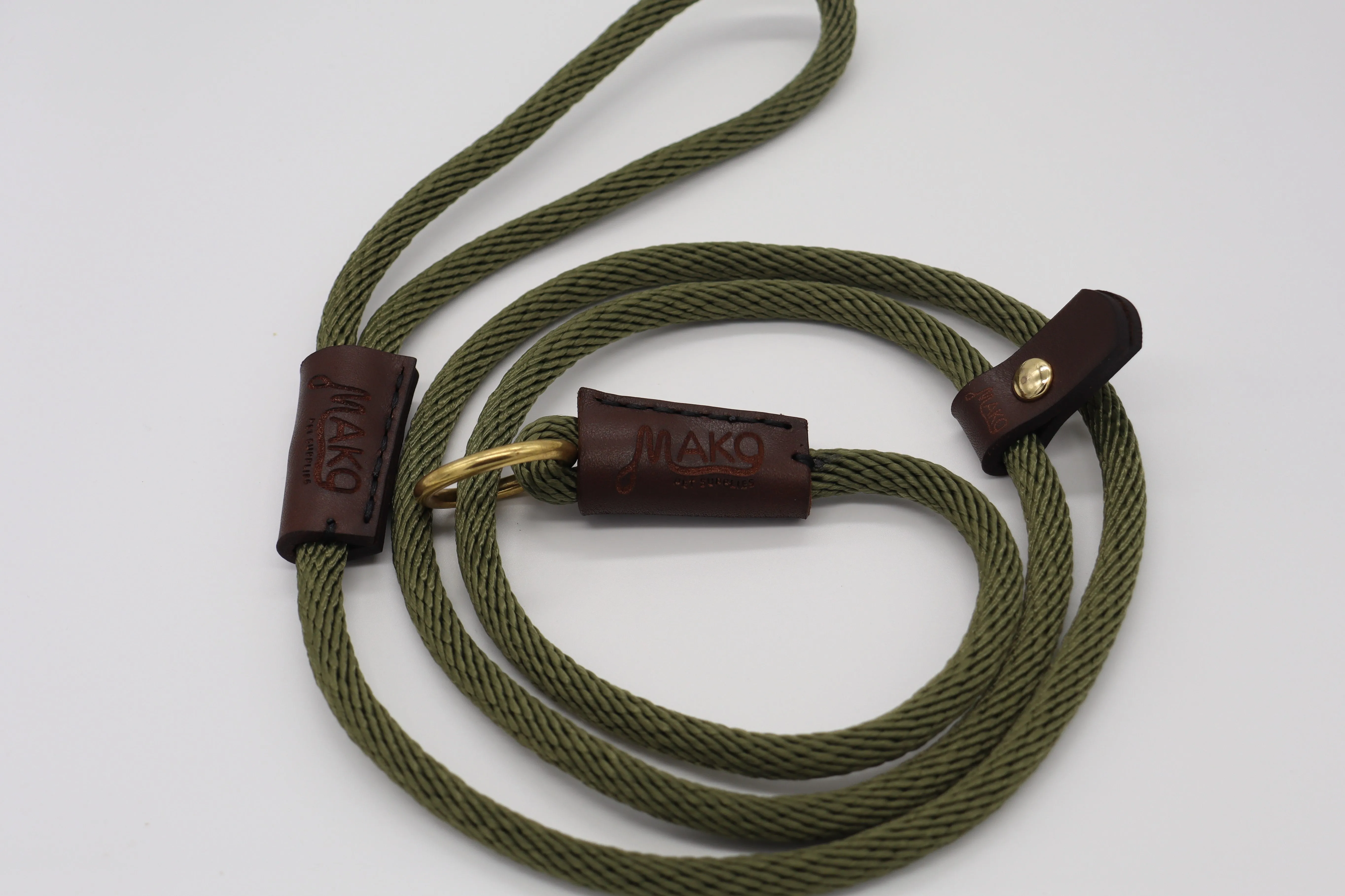 Hand sewn Slip Lead - Solid Brass and Leather Olive Nylon Twist