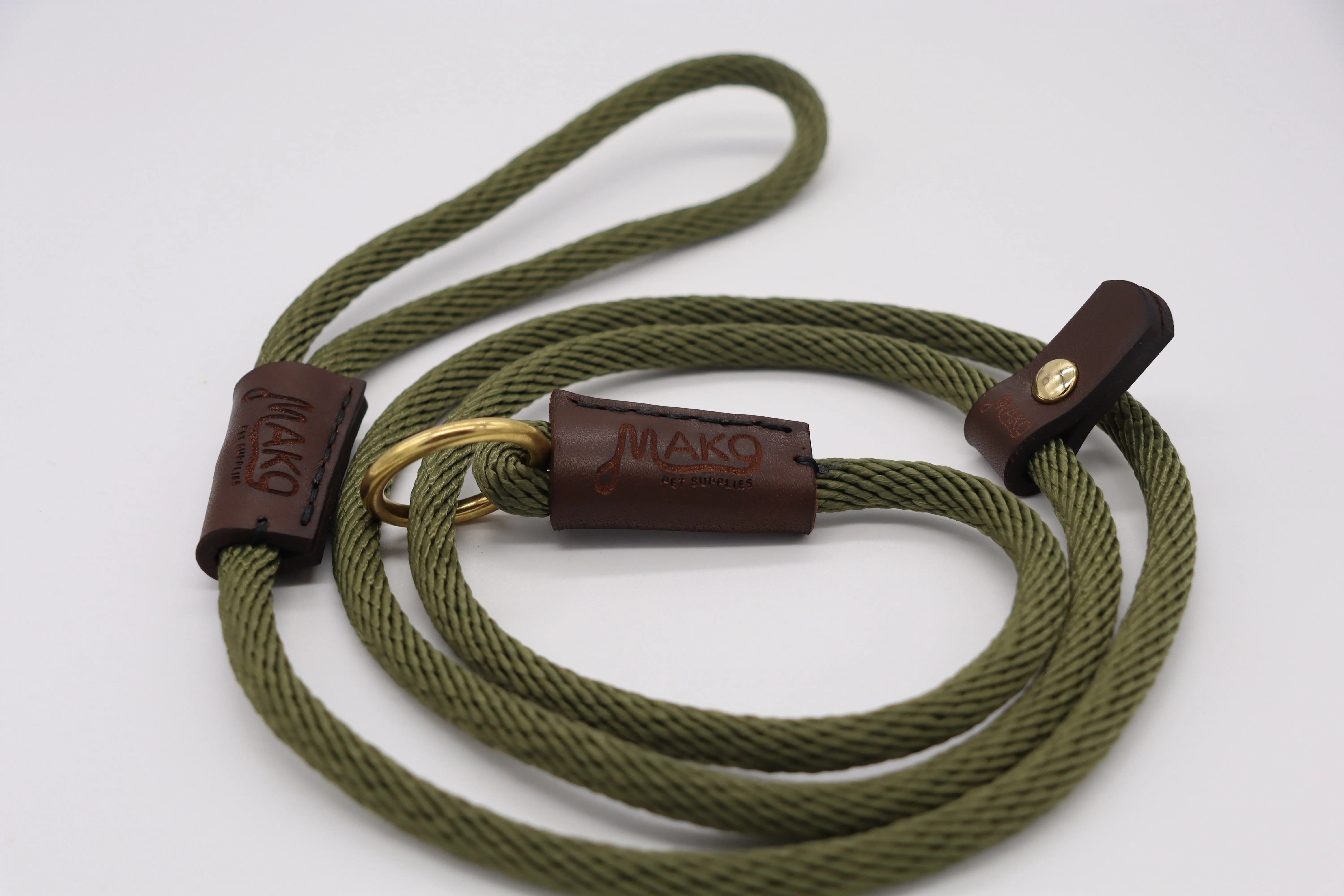 Hand sewn Slip Lead - Solid Brass and Leather Olive Nylon Twist