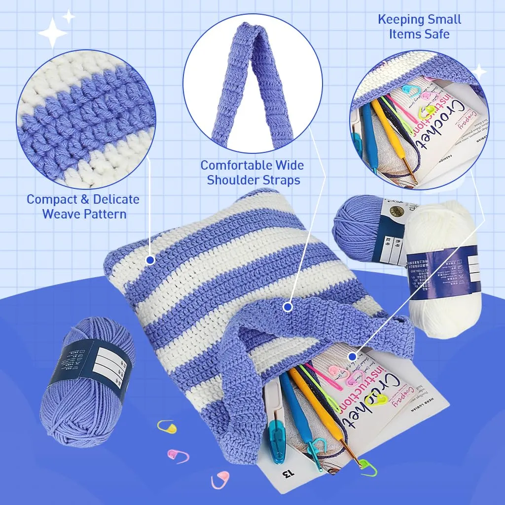 HASTHIP® DIY Crochet Bag Material Kit Beginners Blue White Stripy Fashion Crochet Tote Bag Material Kit with Yarn, Crochet Hook, Tools & Accessories, Tutorial Video, DIY Crochet Kit for Adult