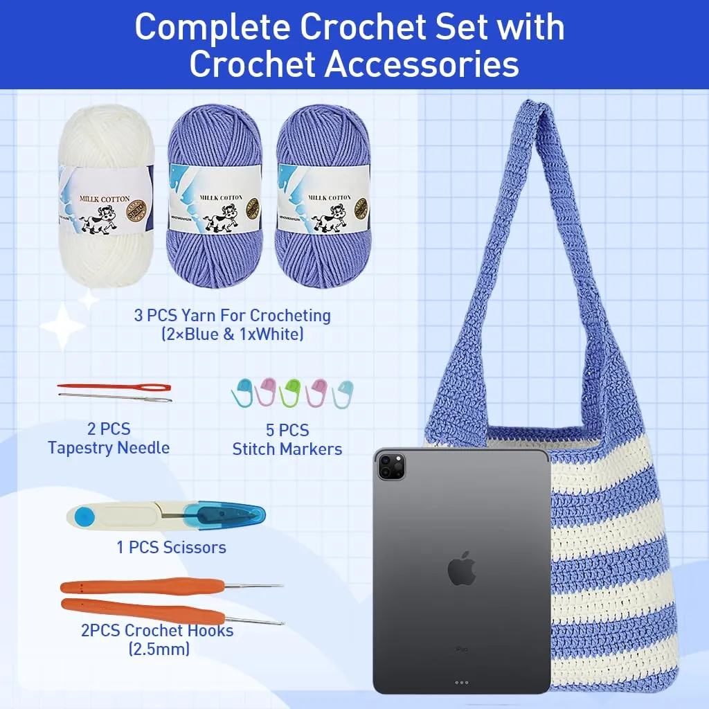 HASTHIP® DIY Crochet Bag Material Kit Beginners Blue White Stripy Fashion Crochet Tote Bag Material Kit with Yarn, Crochet Hook, Tools & Accessories, Tutorial Video, DIY Crochet Kit for Adult