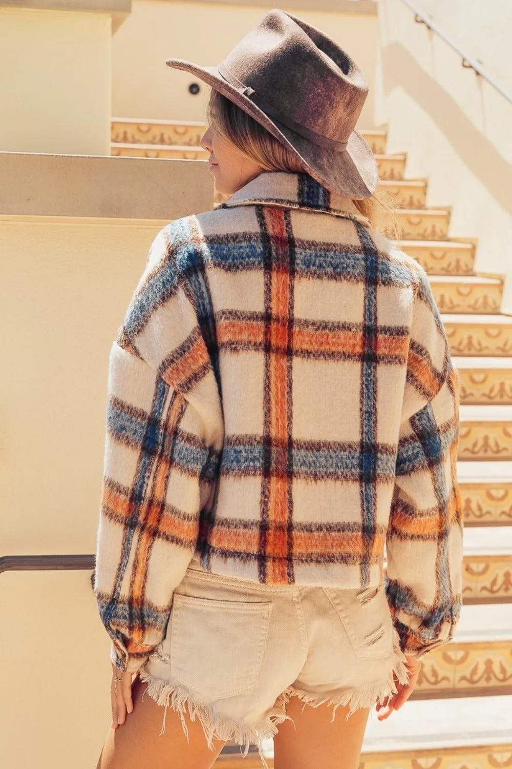 Hazel Blues® |  BiBi Brushed Plaid Crop Jacket with Pockets