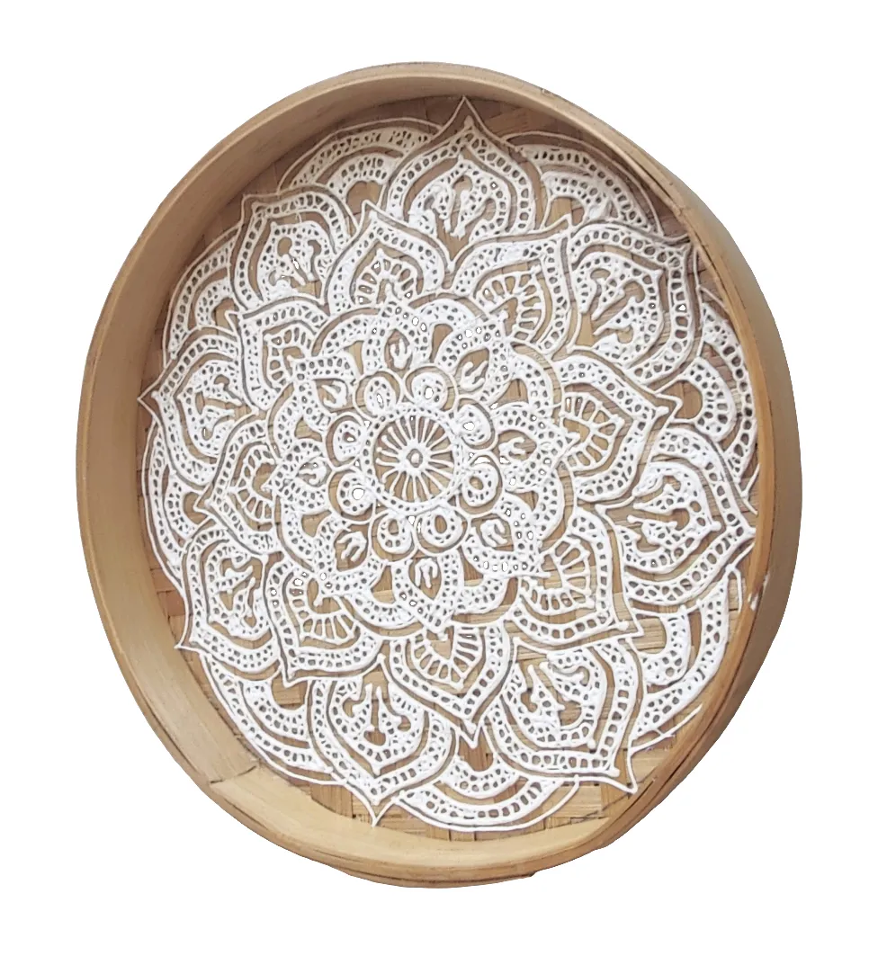 Home Decor. Table Accent. Handwoven and Painted Elegant Bamboo Tray with Mandala Design