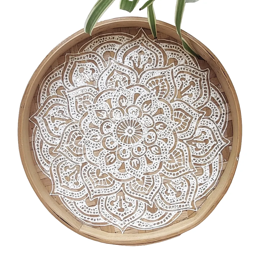 Home Decor. Table Accent. Handwoven and Painted Elegant Bamboo Tray with Mandala Design