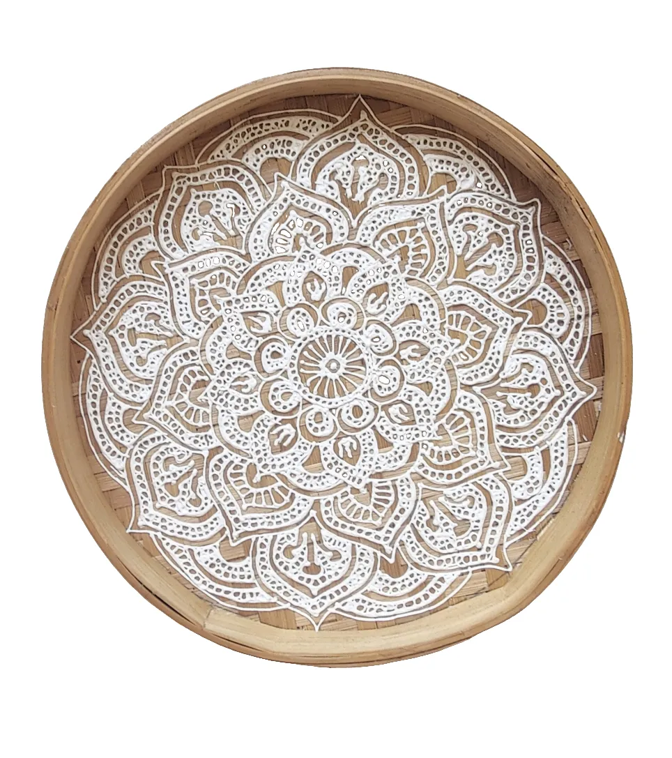 Home Decor. Table Accent. Handwoven and Painted Elegant Bamboo Tray with Mandala Design