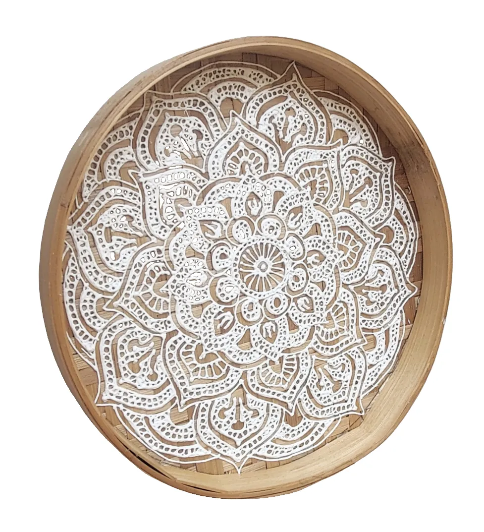 Home Decor. Table Accent. Handwoven and Painted Elegant Bamboo Tray with Mandala Design