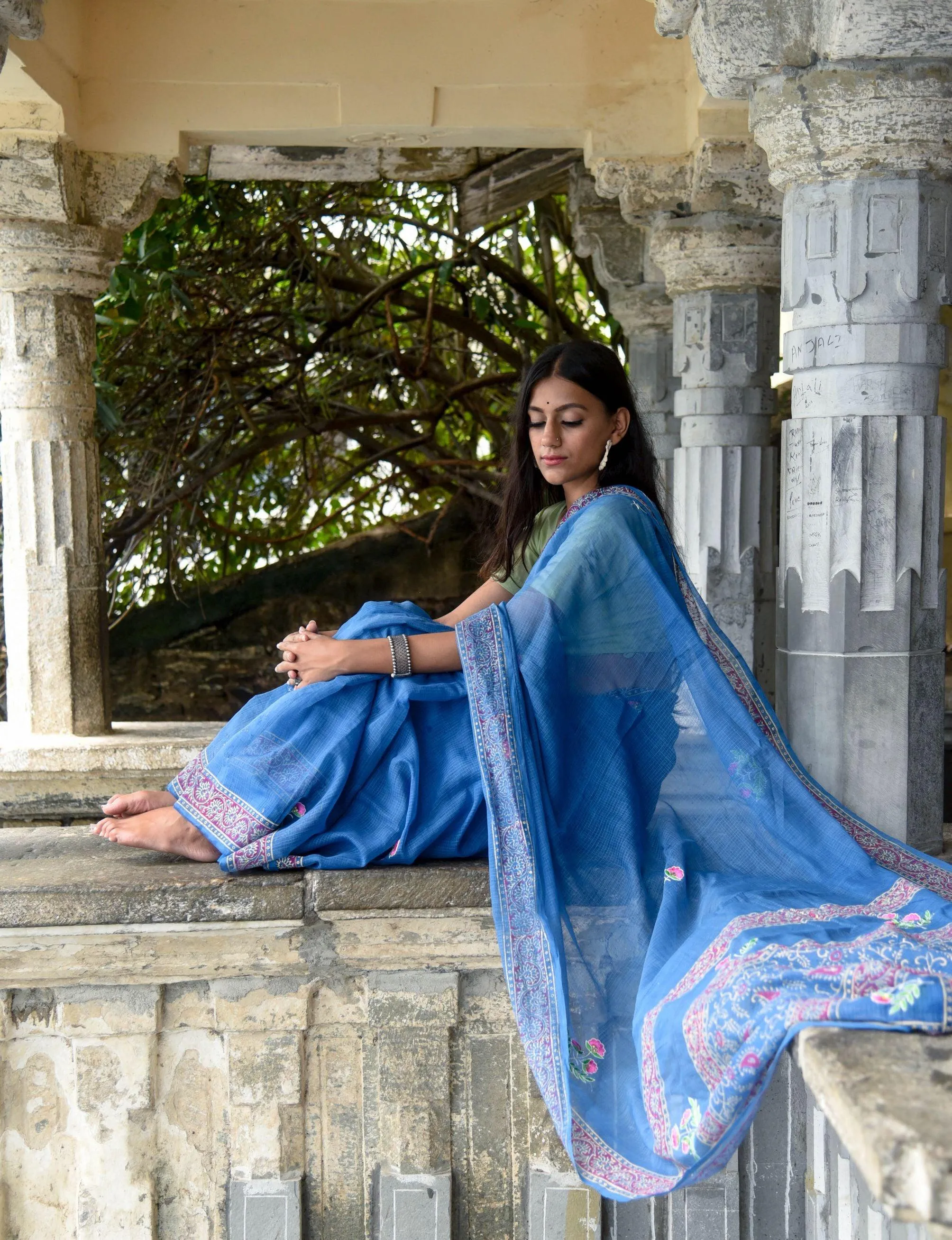 Kaisori Kota saree - Nishika embroidered and handblockprinted Kota saree