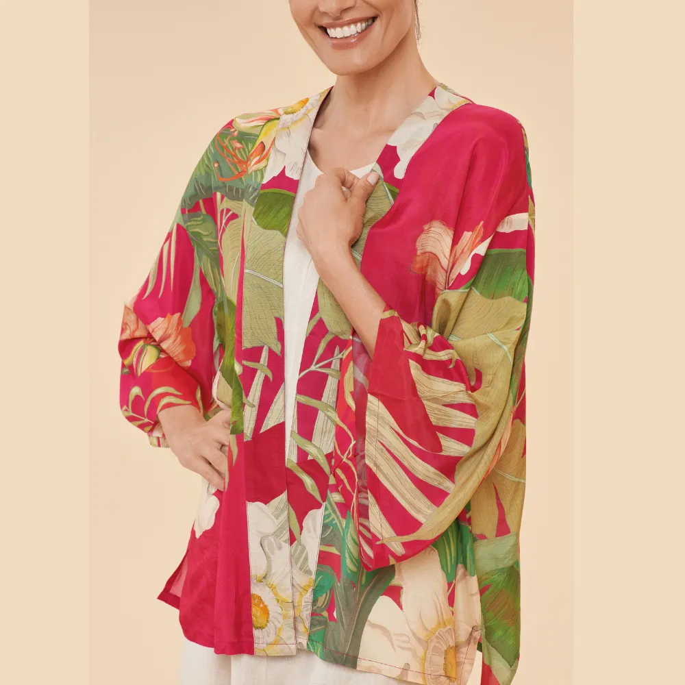 Ladies Kimono Jacket Delicate Tropical Dark Rose By Powder Design SS24