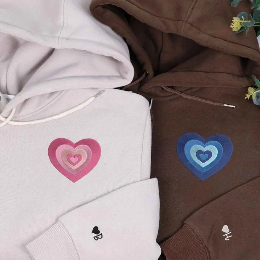 Layered Heart Embroidery Matching Couple Hoodies - Personalized Matching Hoodies For Couples