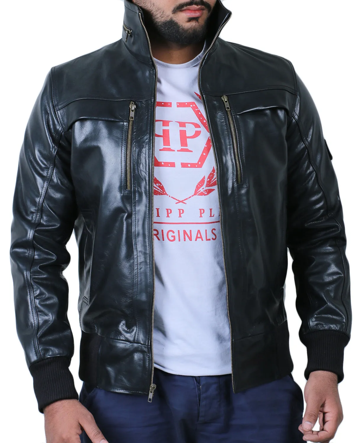 Leather Jackets Hub Mens Genuine Cowhide Leather Jacket (Black, Bomber Jacket) - 1501213