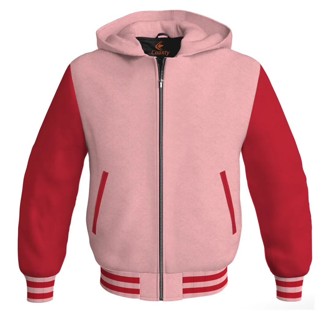 Letterman Hoodie Pink Body and Red Leather Sleeves Varsity Hoodie