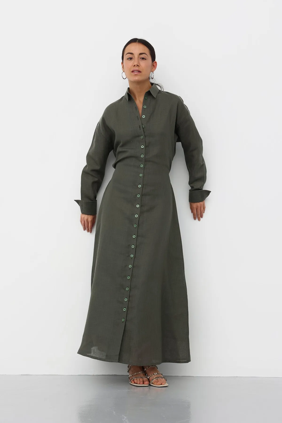 Linen Belted Dress - Olive