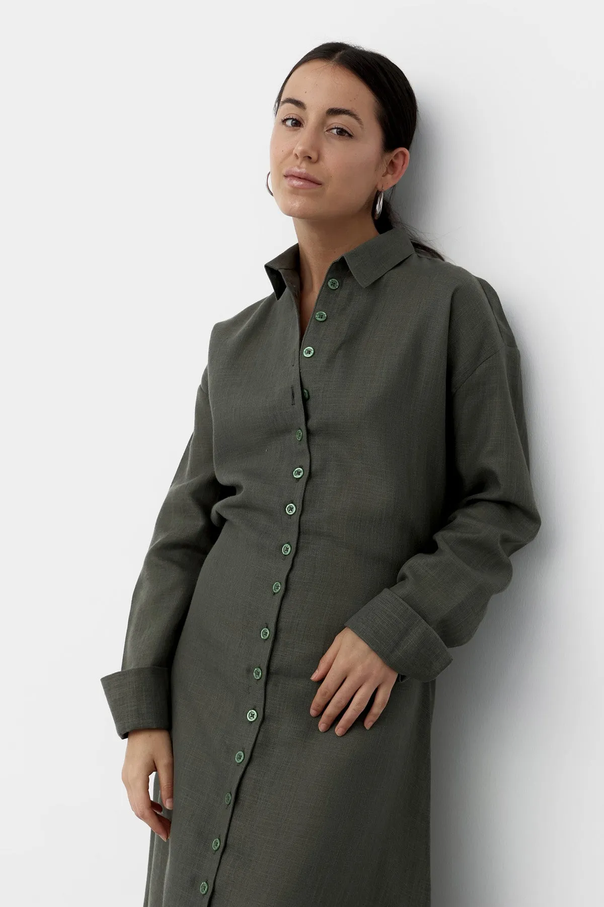 Linen Belted Dress - Olive