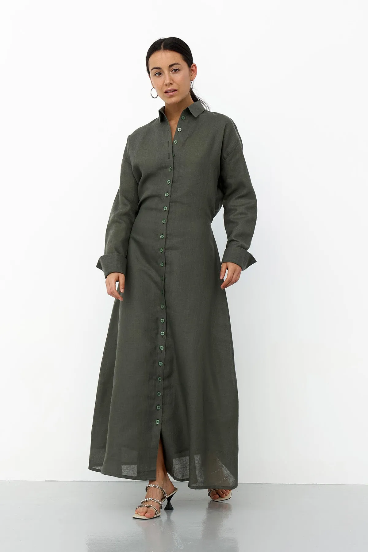 Linen Belted Dress - Olive