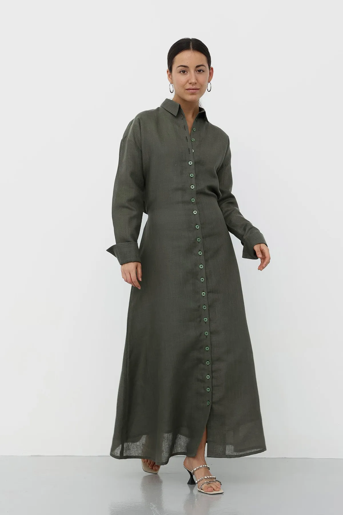 Linen Belted Dress - Olive