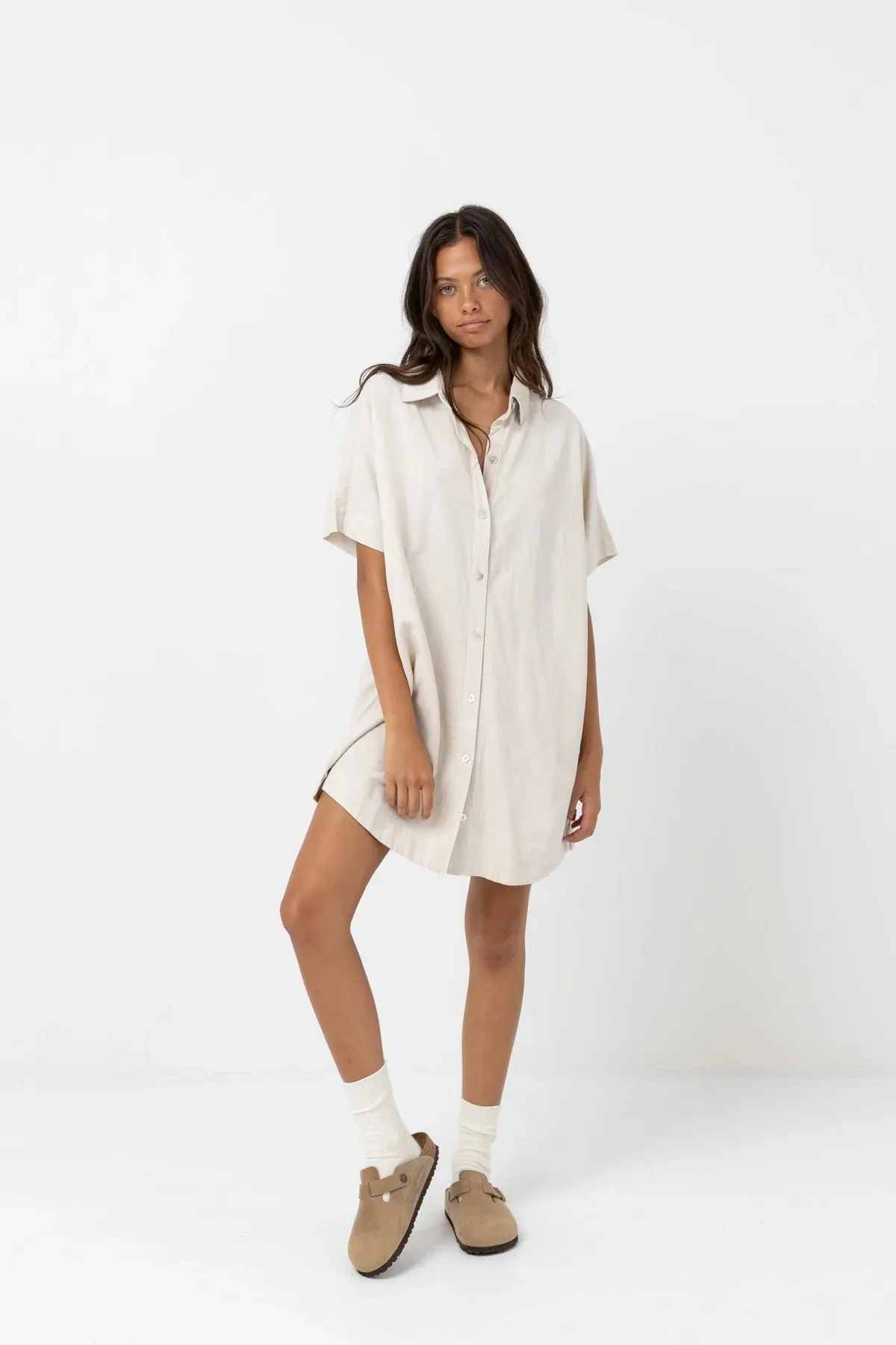 Linen Mini Button Up Shirt Dress Oat