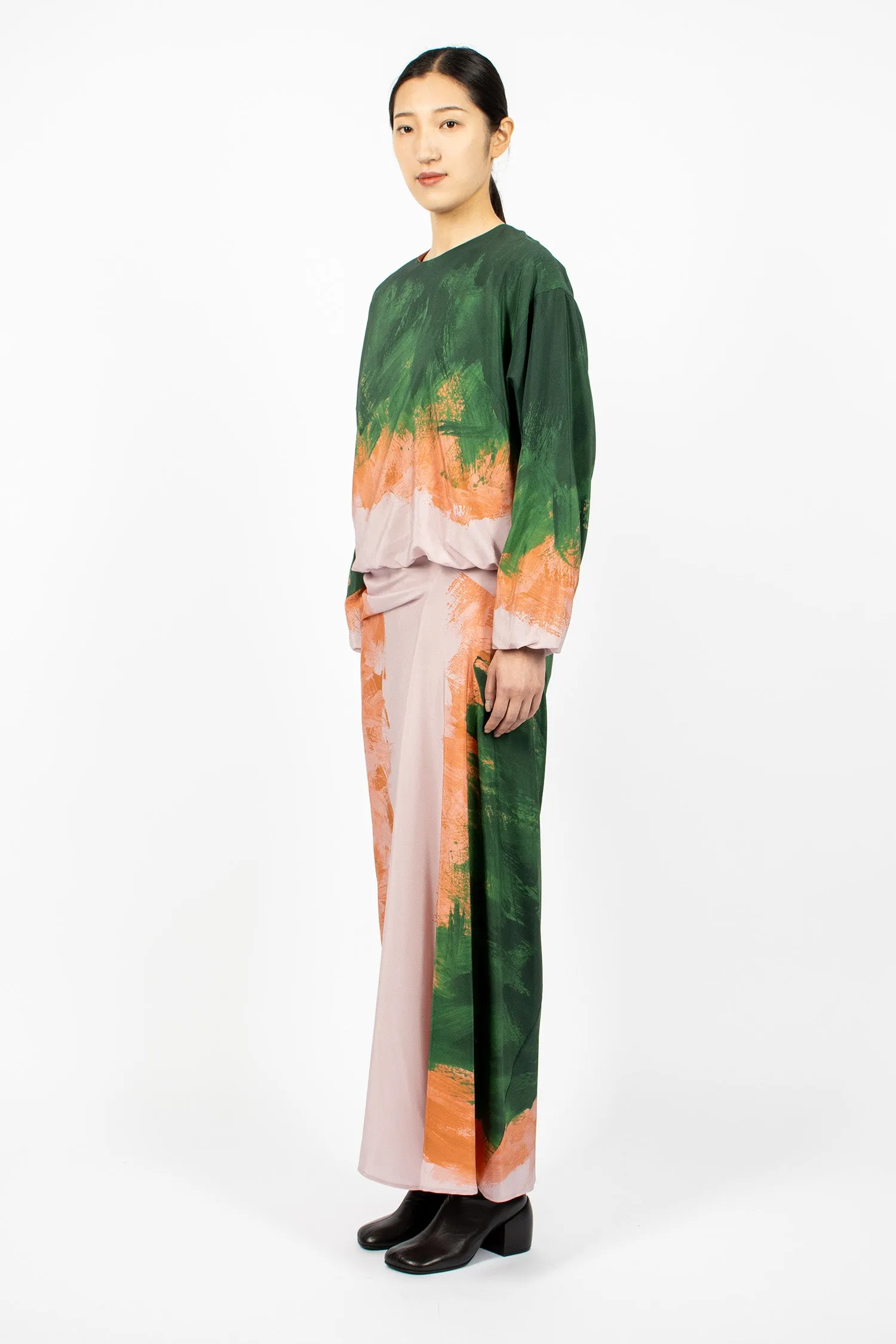 Long Draped Silk Skirt Green