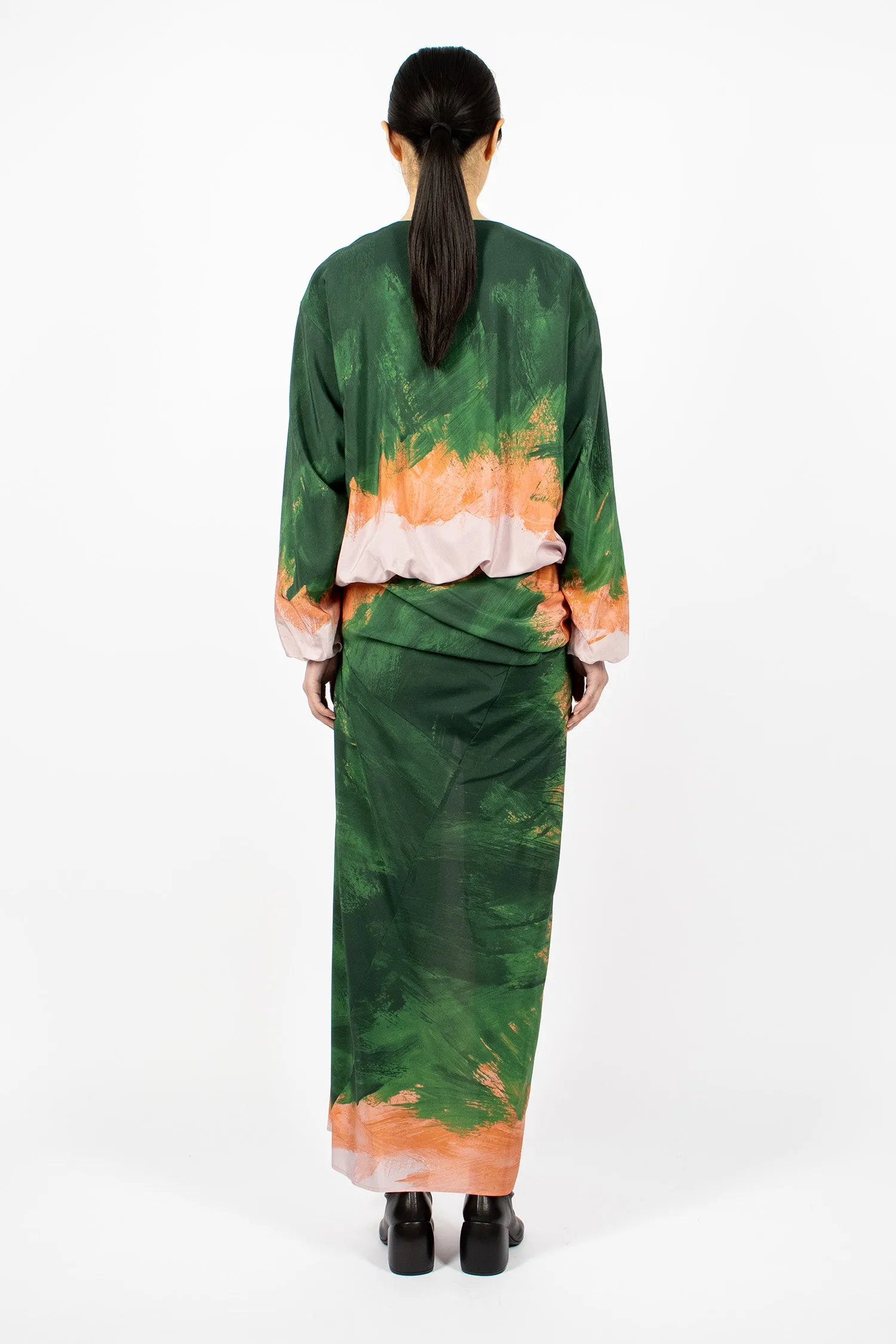 Long Draped Silk Skirt Green