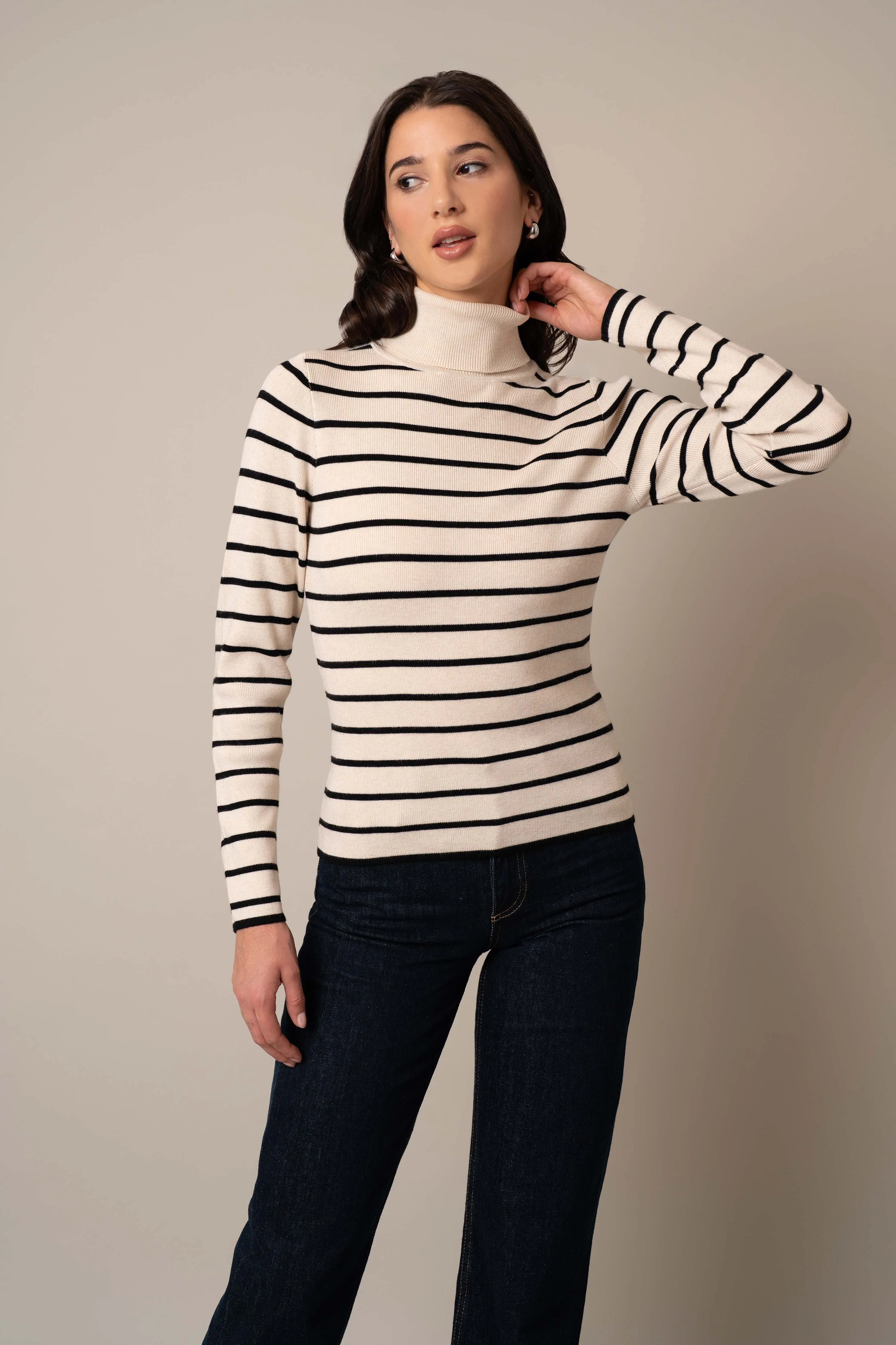 Long Sleeve Mock Neck Striped Pullover