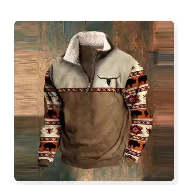 Long Sleeved Half Zippered Printed Casual Pocket Pullover Half Zipper Sweatshirt