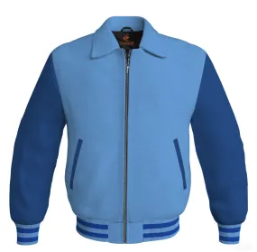 Luxury Bomber Classic Jacket Sky Blue Body and Blue Leather Sleeves