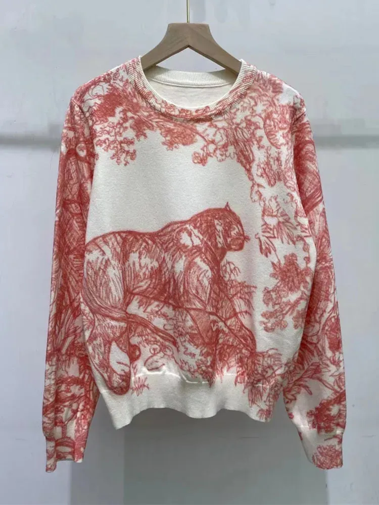 Luxury Designer Sweater Women Animal Floral Pattern Printing Pullover Sweater Classic Crew Neck Knit Tops High Quality C-069