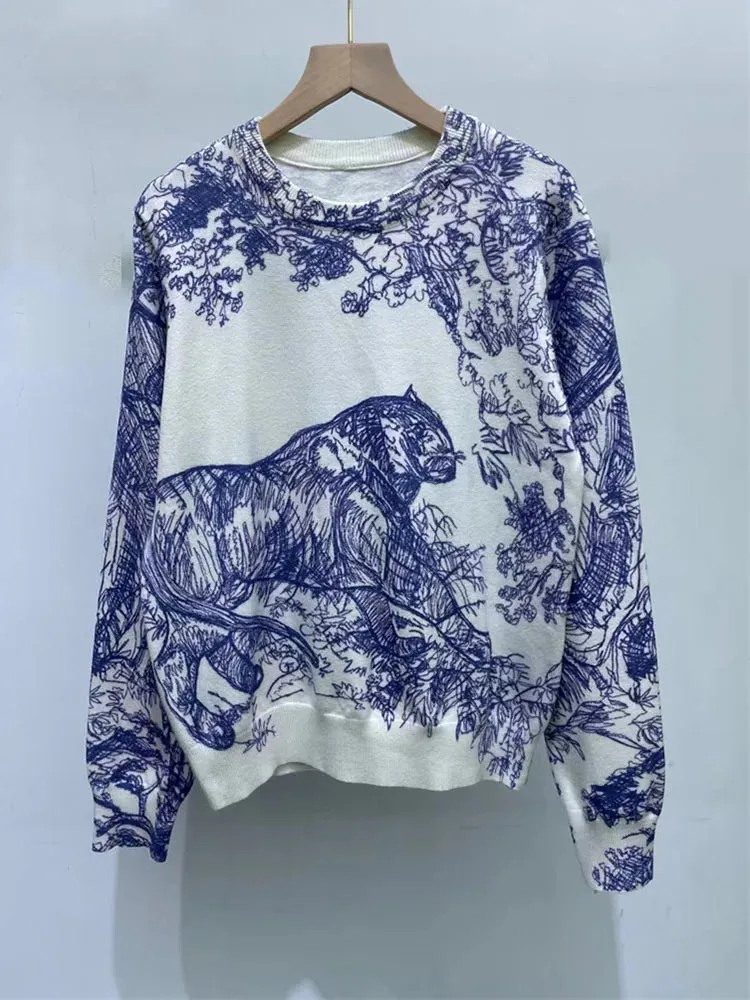 Luxury Designer Sweater Women Animal Floral Pattern Printing Pullover Sweater Classic Crew Neck Knit Tops High Quality C-069