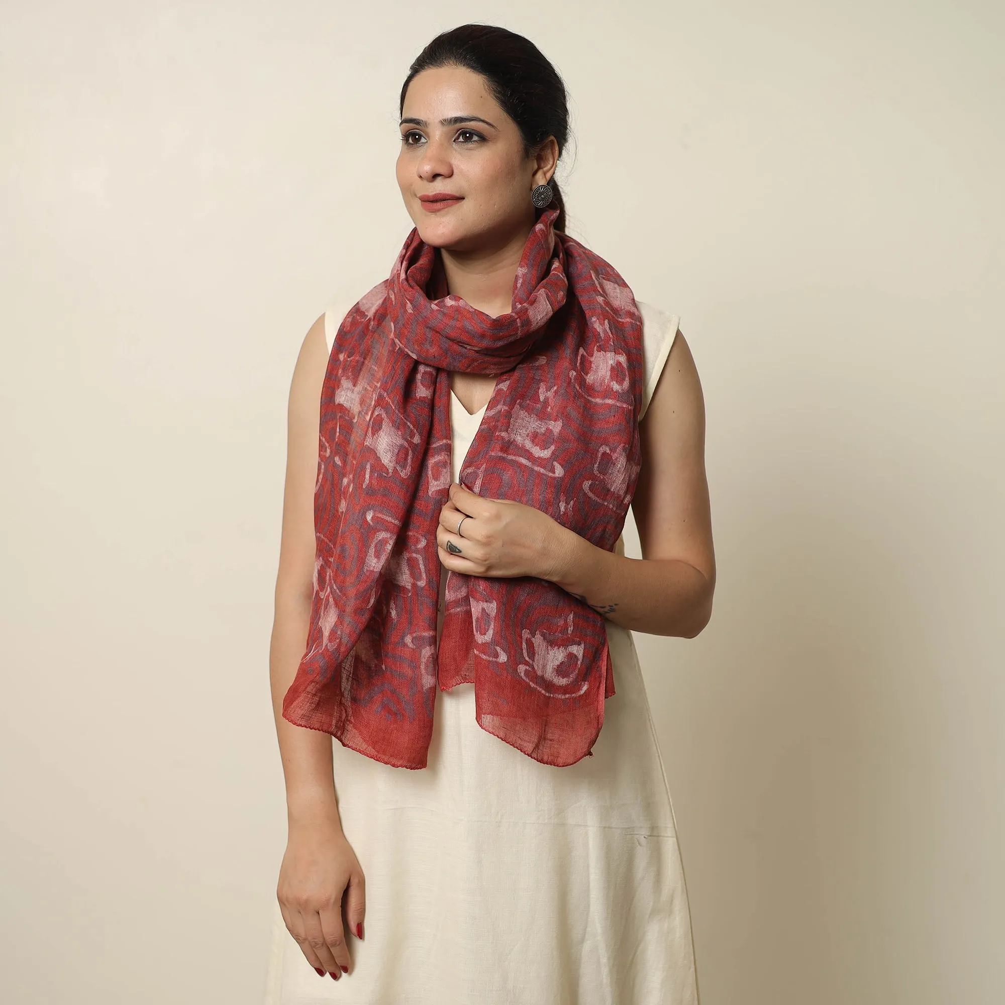 Maroon - Bindaas Block Printed Natural Dyed Linen Handloom Stole 16