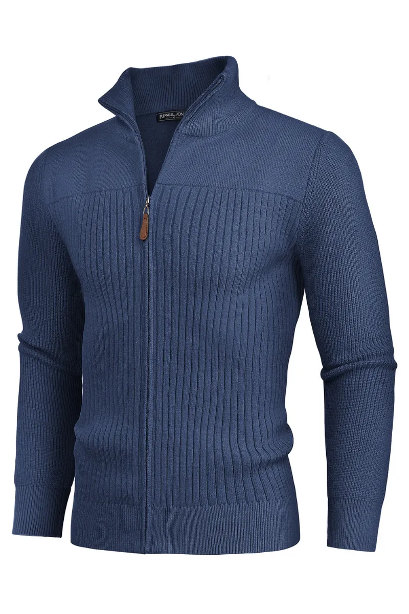 Men Stylish Stand Collar Cardigan Long Sleeve Zip-up Sweater Knitwear