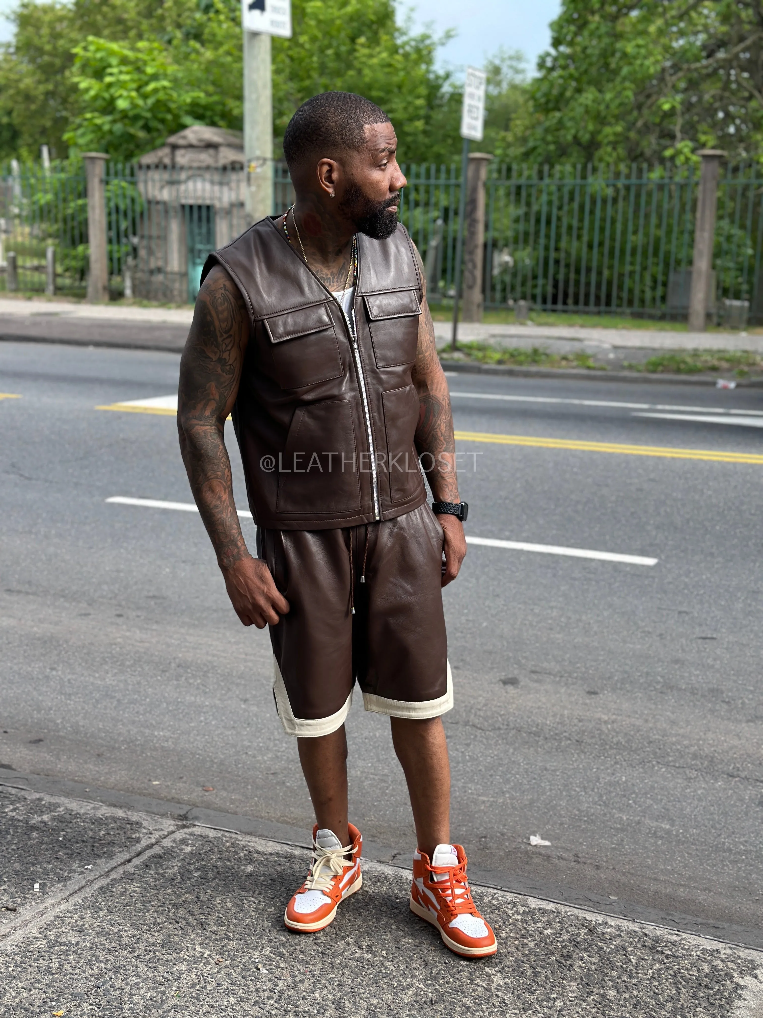 Men's 2 Live and Die Vest With Leather Shorts [Chocolate]