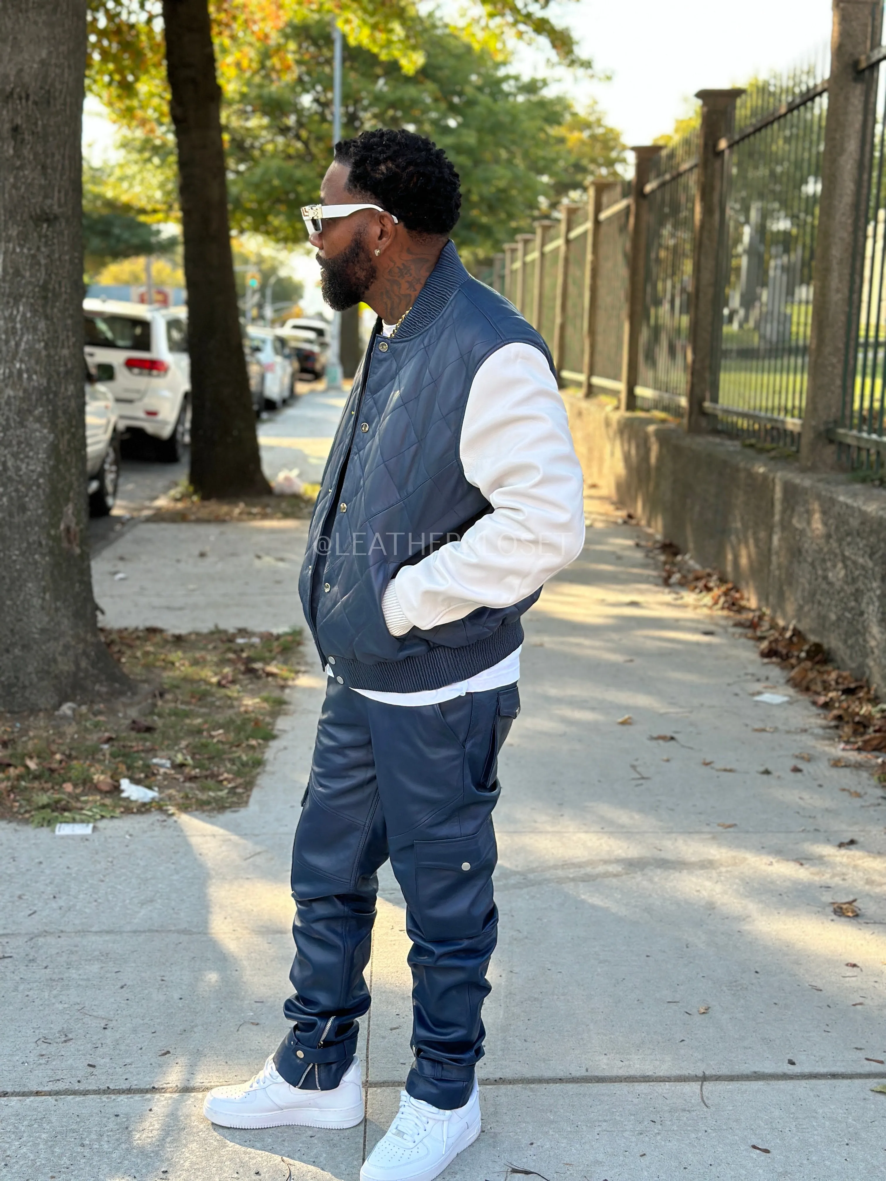 Men's Adan Jacket & Leather Stack Jean Pants [Navy/White]