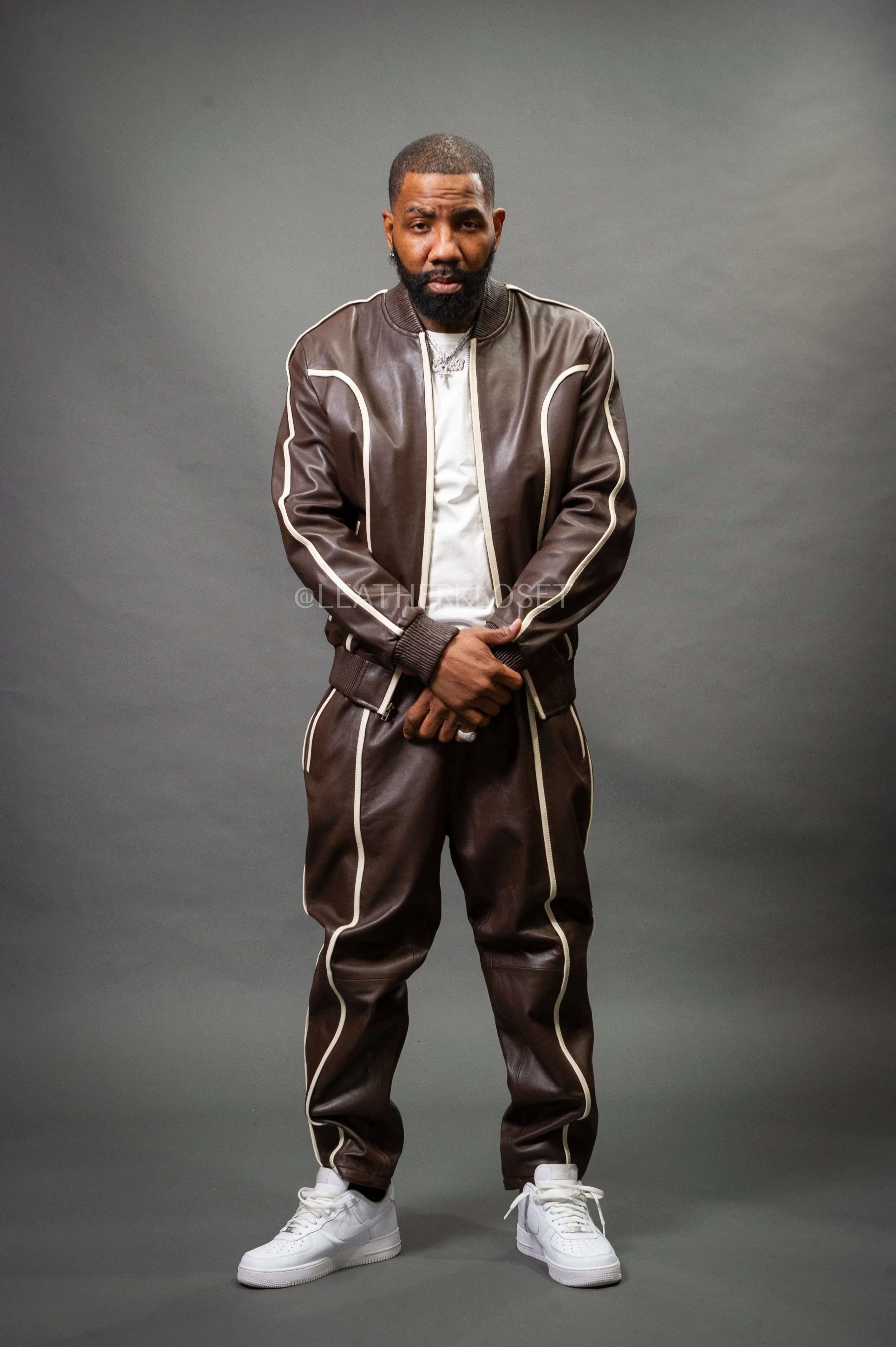 Men's Brayden Leather Track Suit Sweatsuit [Chocolate/Beige]