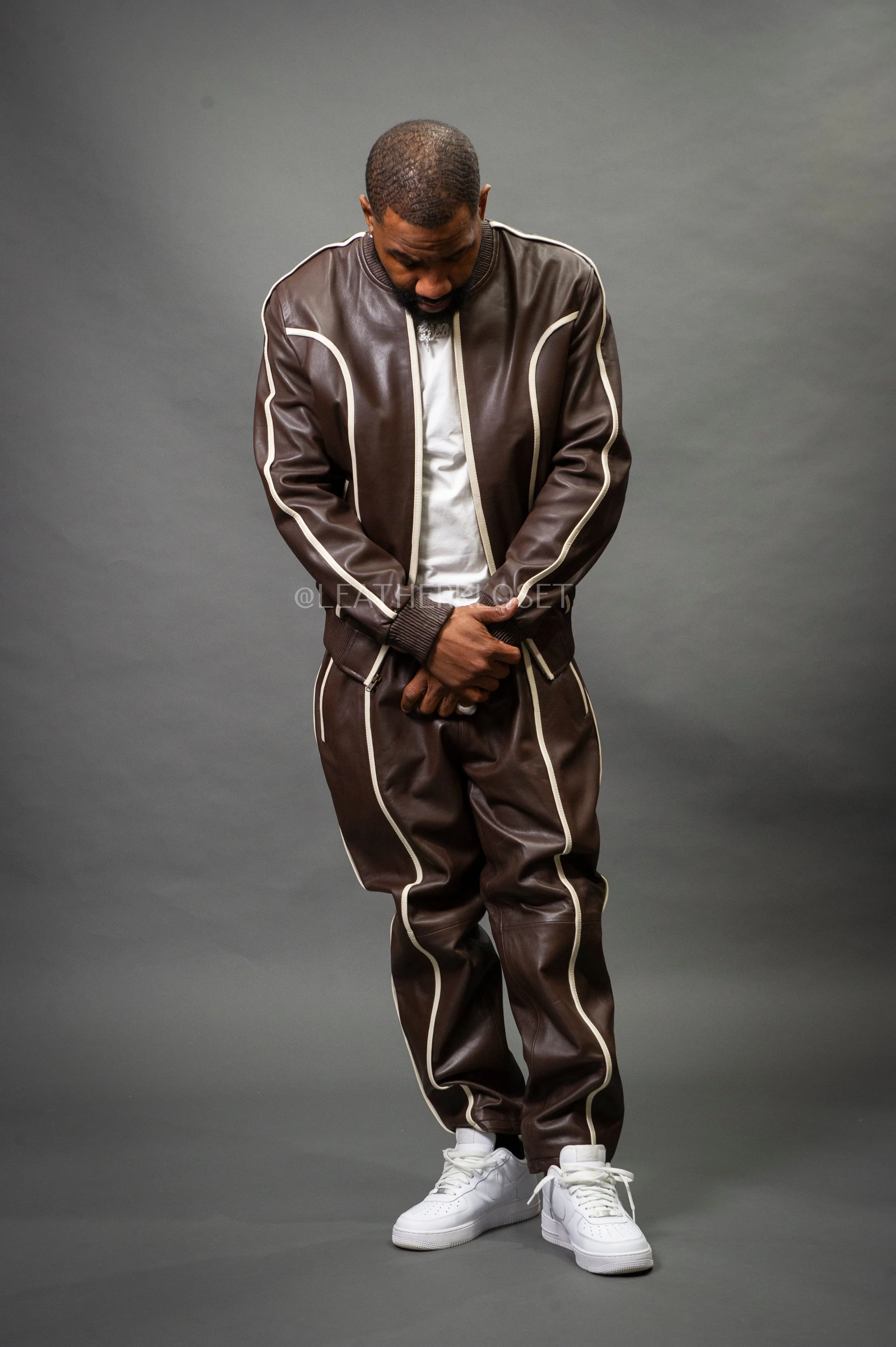 Men's Brayden Leather Track Suit Sweatsuit [Chocolate/Beige]