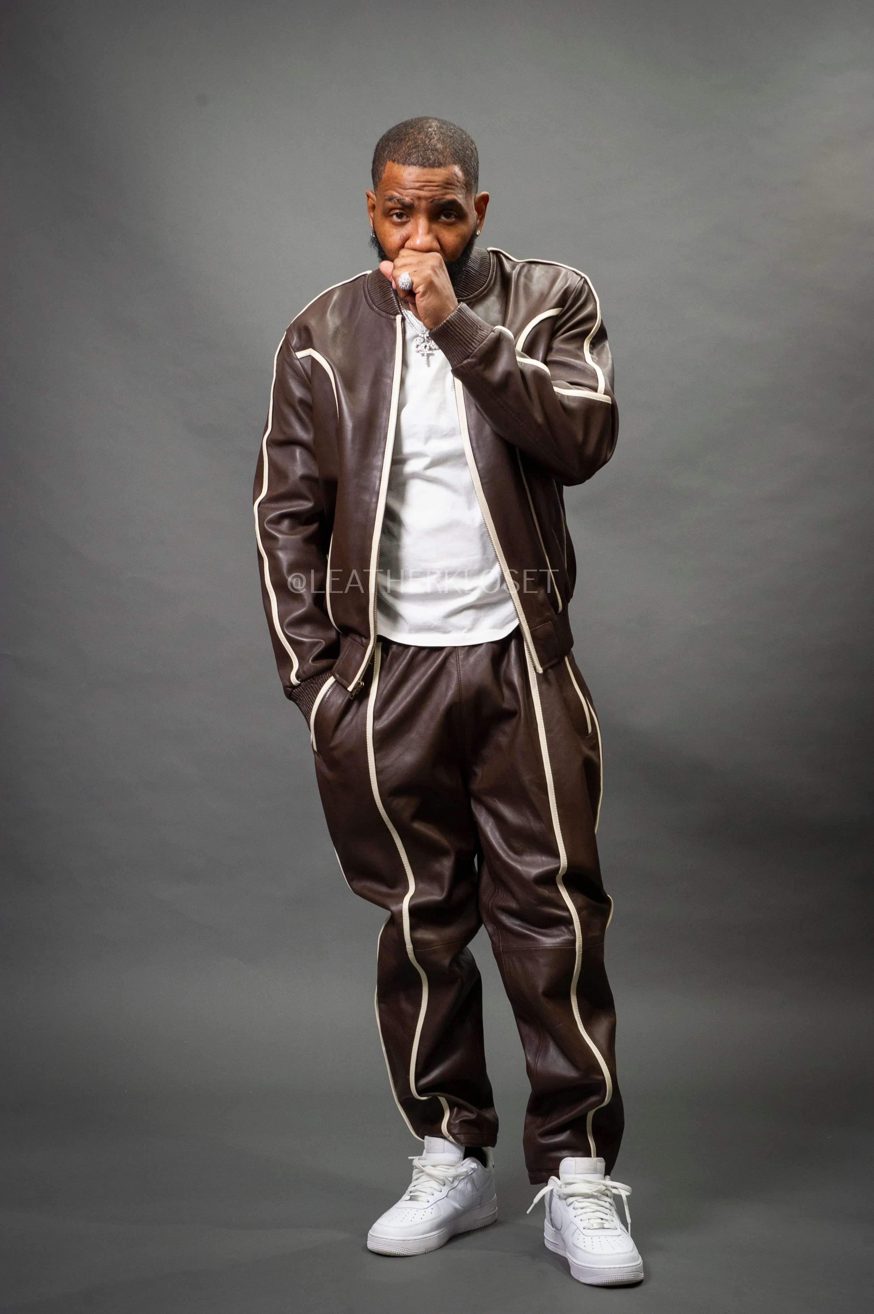 Men's Brayden Leather Track Suit Sweatsuit [Chocolate/Beige]