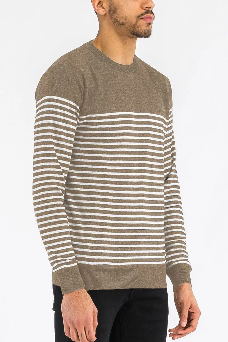 Mens Full Knit Pullover Sweater Brown Striped