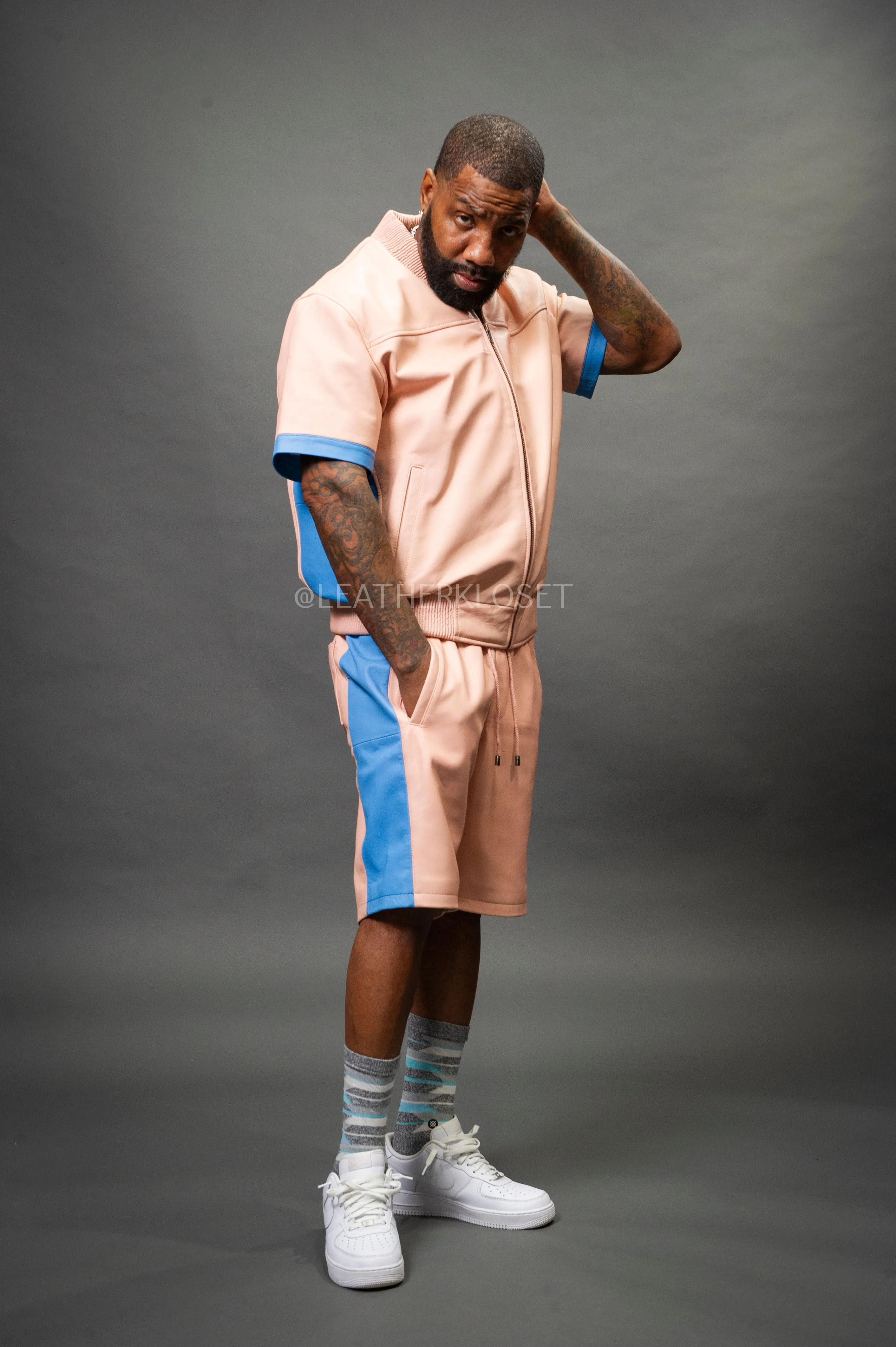 Men's Leo Leather Shorts and Jacket Set [Baby Pink/Baby Blue]