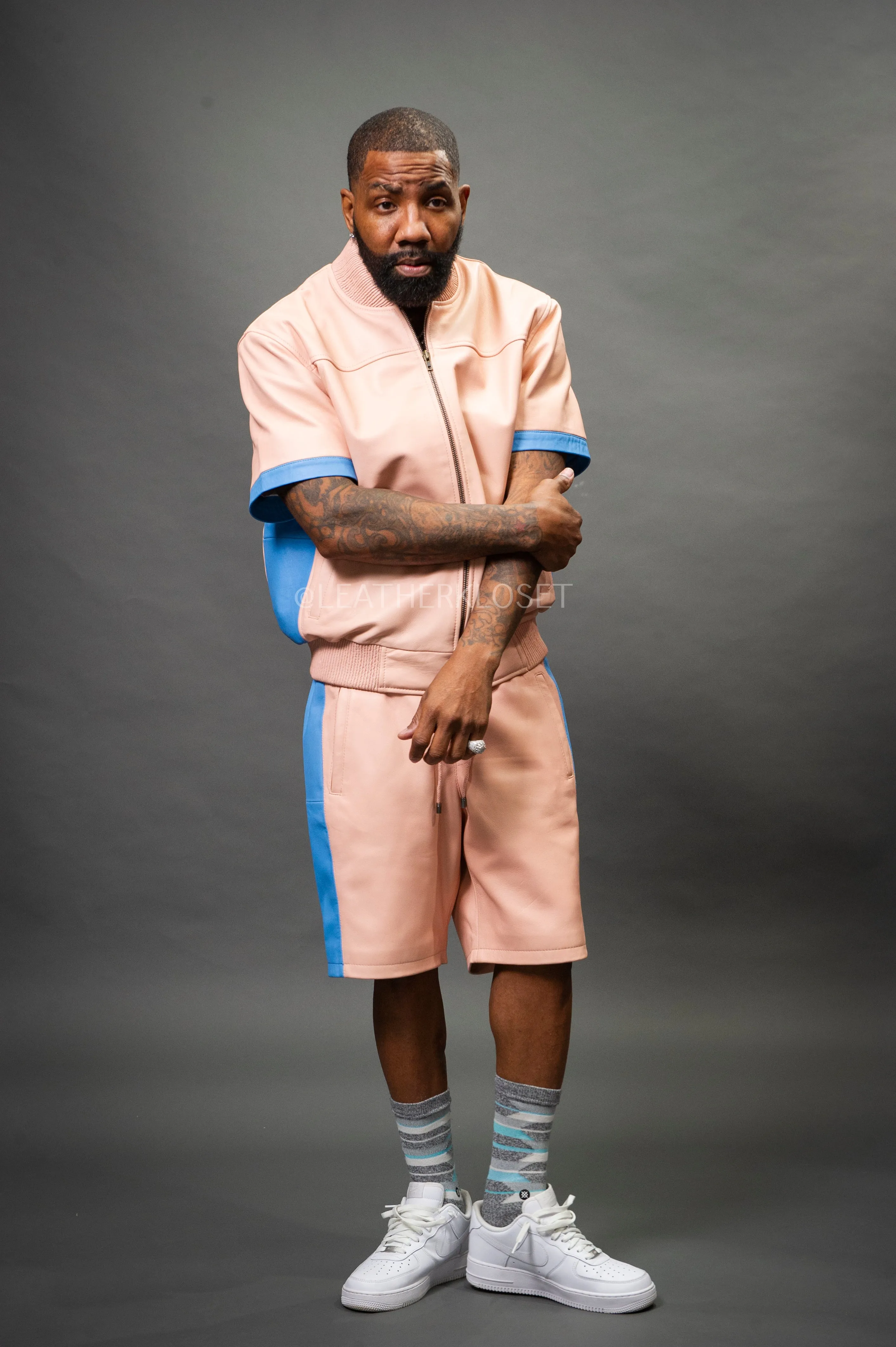 Men's Leo Leather Shorts and Jacket Set [Baby Pink/Baby Blue]