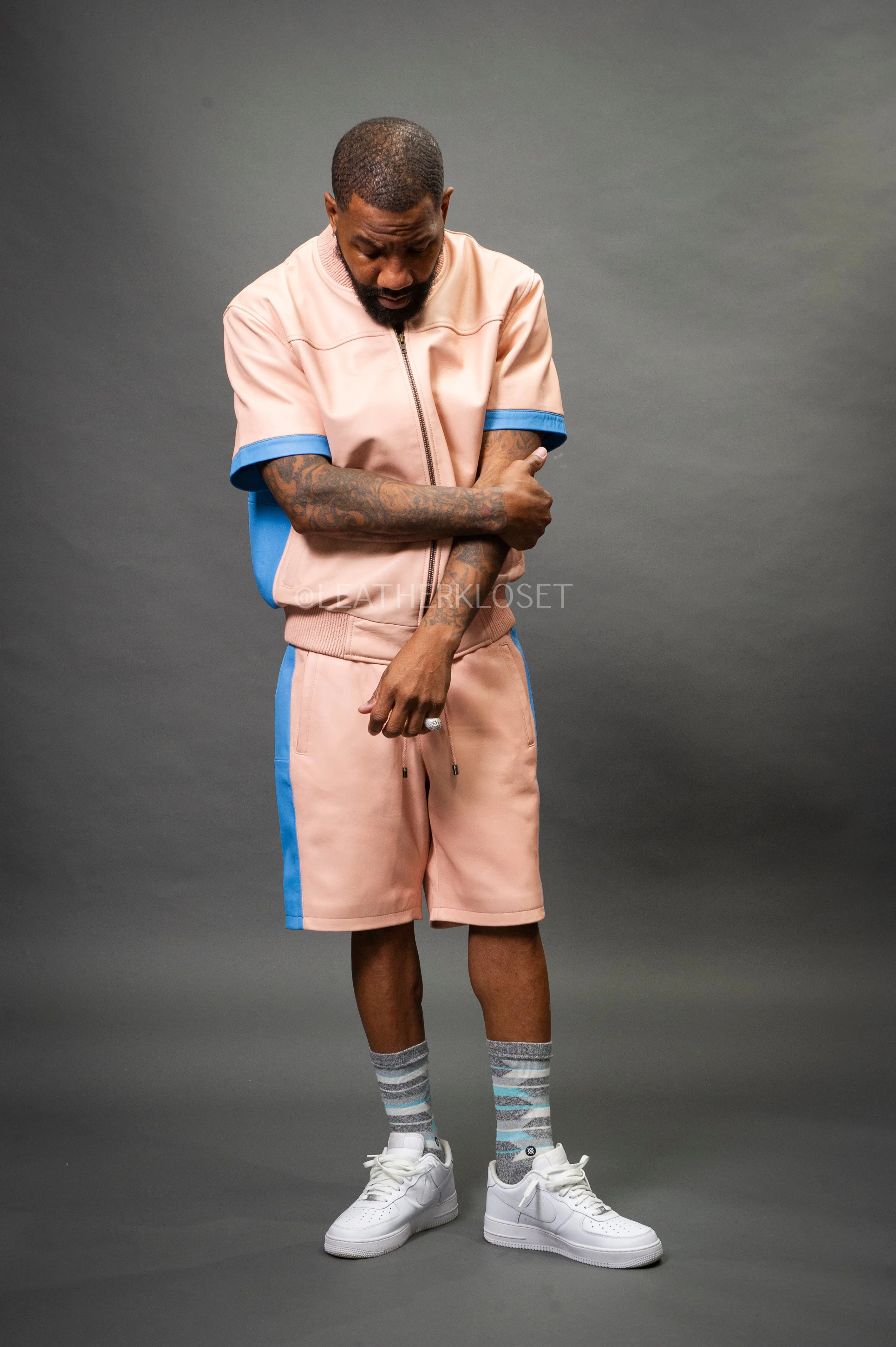 Men's Leo Leather Shorts and Jacket Set [Baby Pink/Baby Blue]