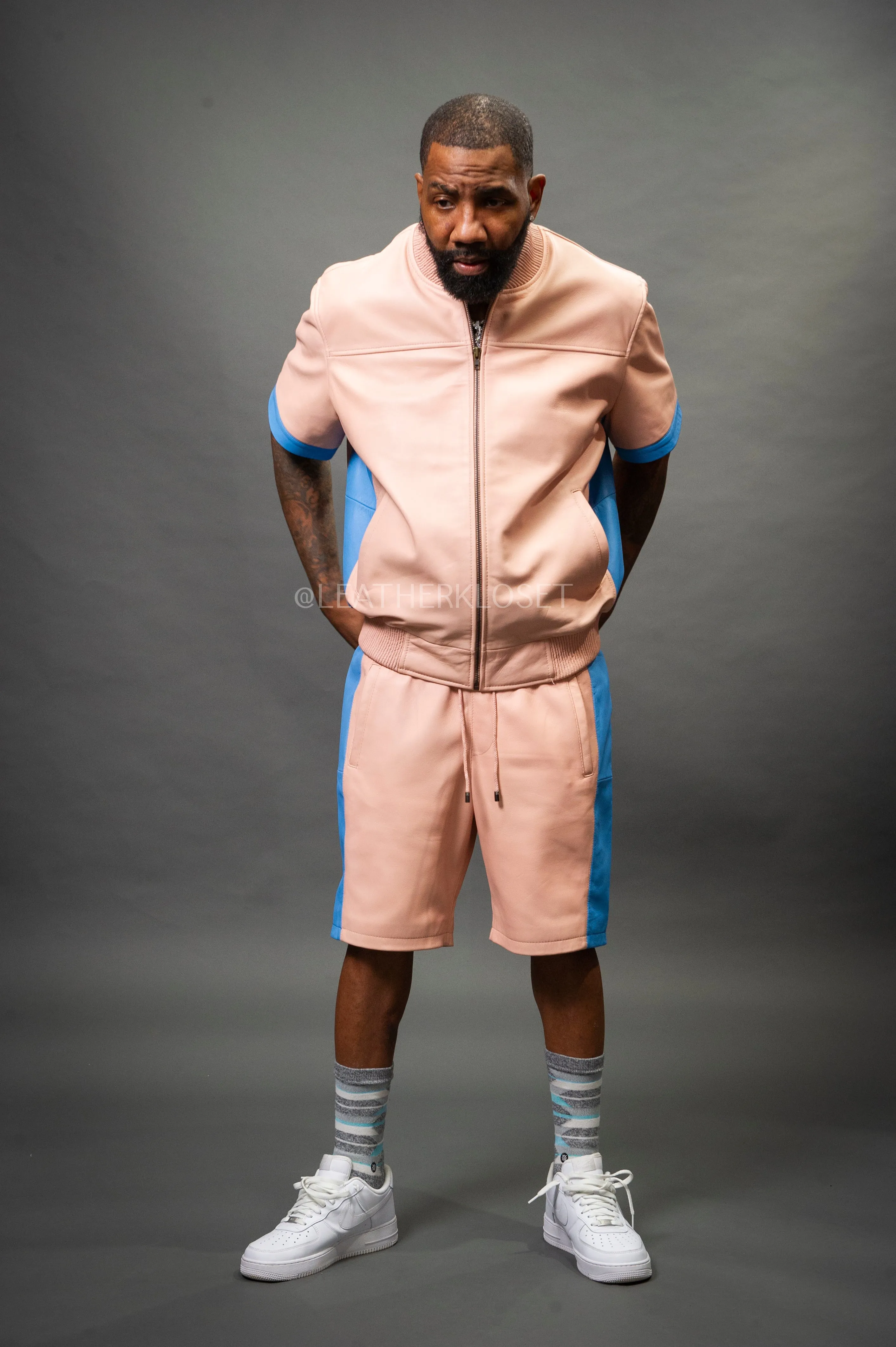 Men's Leo Leather Shorts and Jacket Set [Baby Pink/Baby Blue]